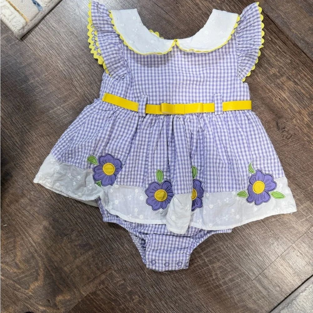 Blueberi Boulevard Lavender Gingham Dress with Yellow Trim